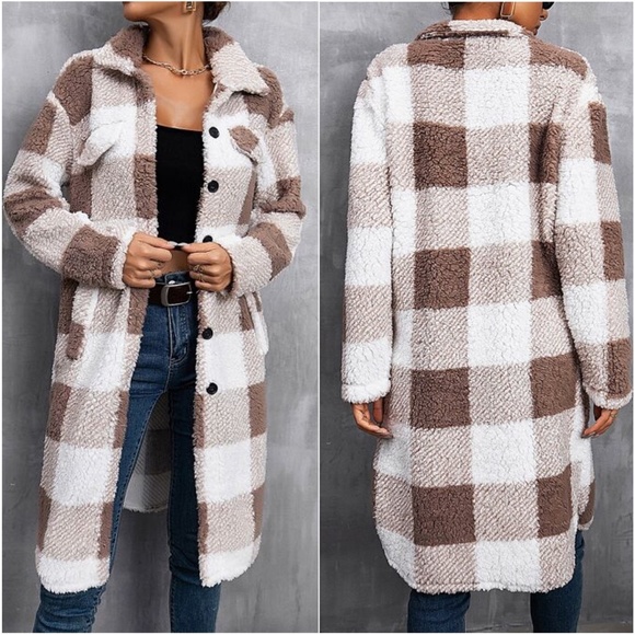 Cozy White Brown Plaid Teddy Button up Jacket Coat - Picture 2 of 4